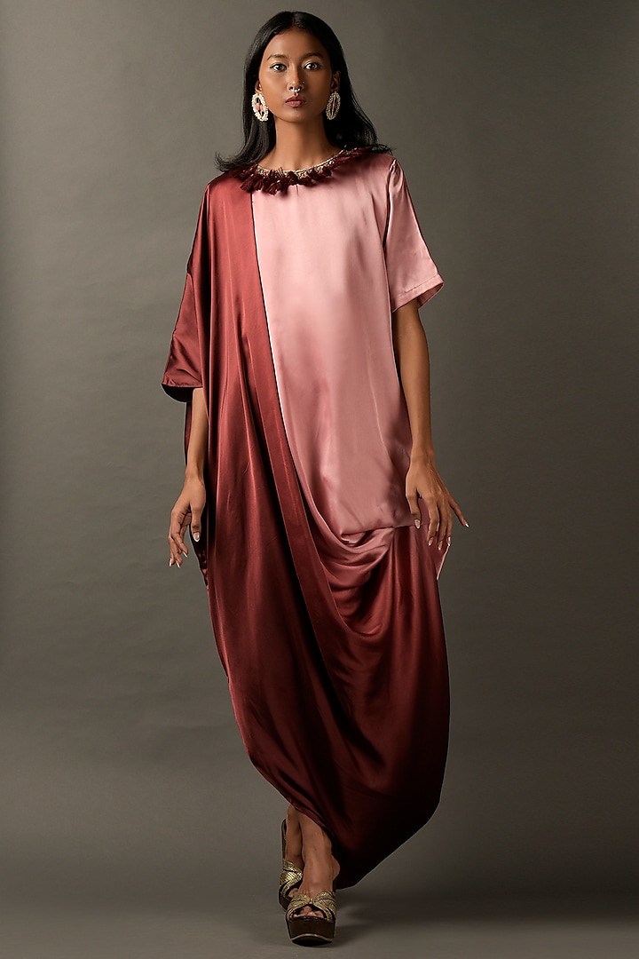 Pink & Maroon Ombre Satin Embroidered Dress by Two Sisters By Gyans