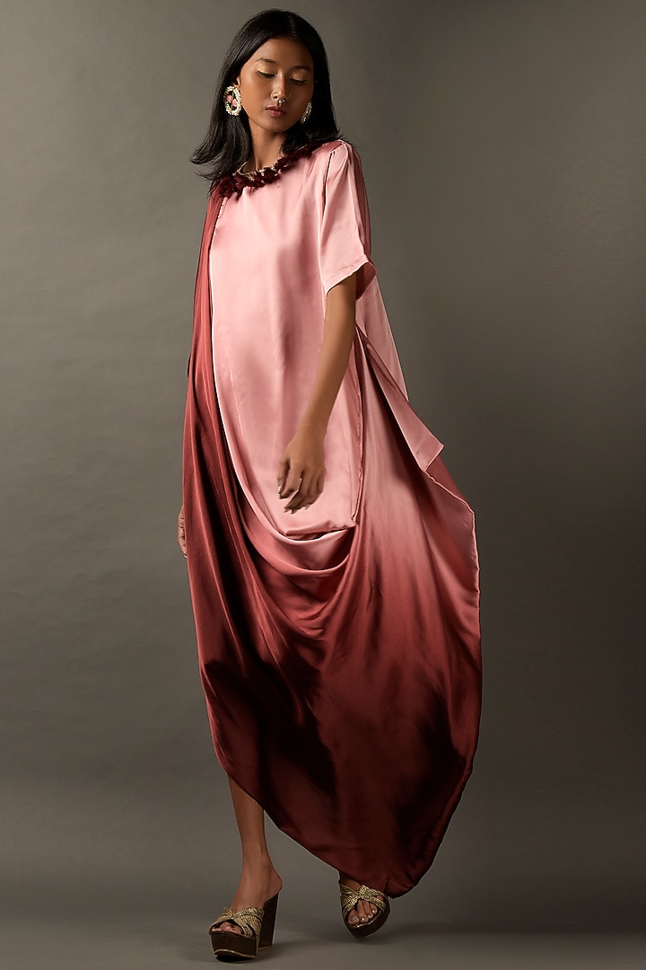 Pink & Maroon Ombre Satin Embroidered Vacation Dress by Two Sisters By Gyans at Pernia's Pop Up Shop