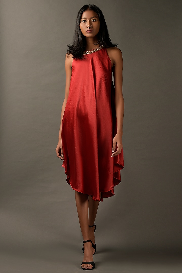 Red Satin Embroidered Dress by Two Sisters By Gyans at Pernia's Pop Up Shop