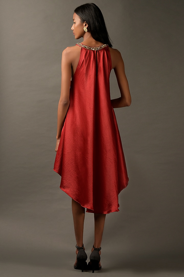 Red Satin Embroidered Cocktail Dress by Two Sisters By Gyans at Pernia's Pop Up Shop