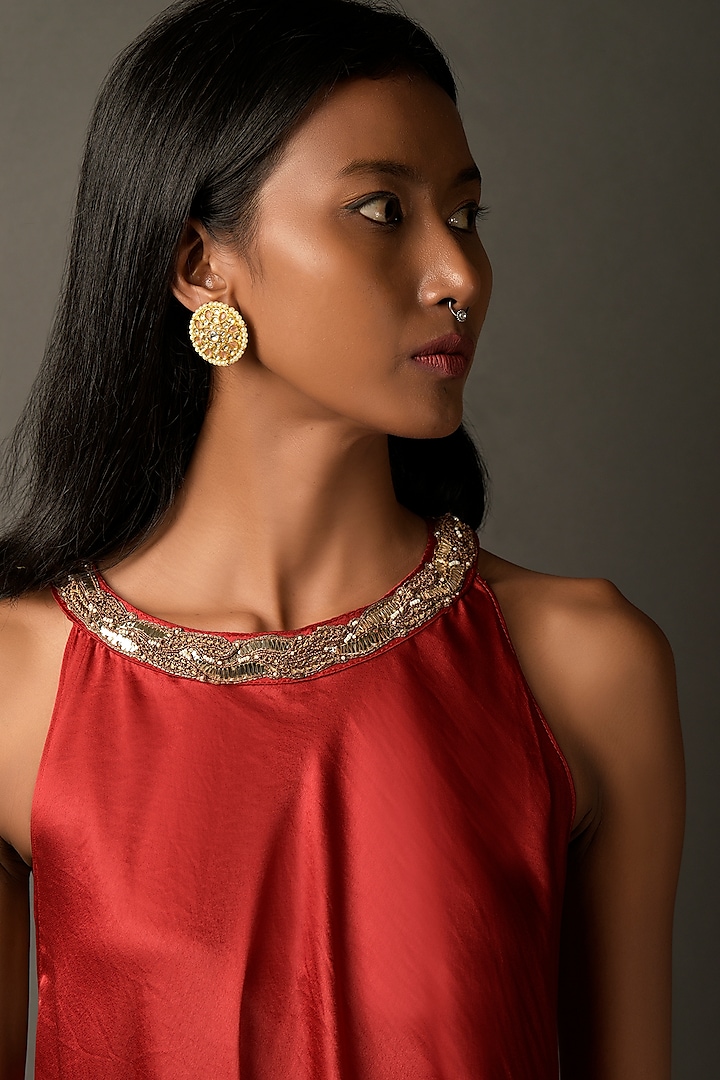 Red Satin Embroidered Cocktail Dress by Two Sisters By Gyans at Pernia's Pop Up Shop
