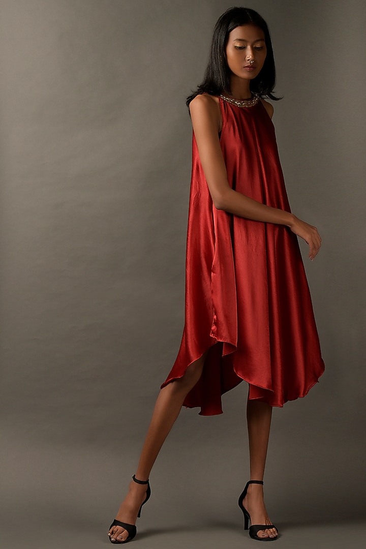 Red Satin Embroidered Cocktail Dress by Two Sisters By Gyans at Pernia's Pop Up Shop