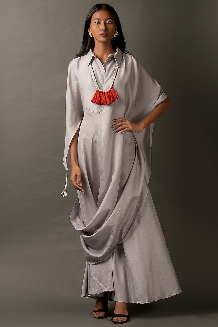 Light Grey Satin Draped Jumpsuit by Two Sisters By Gyans