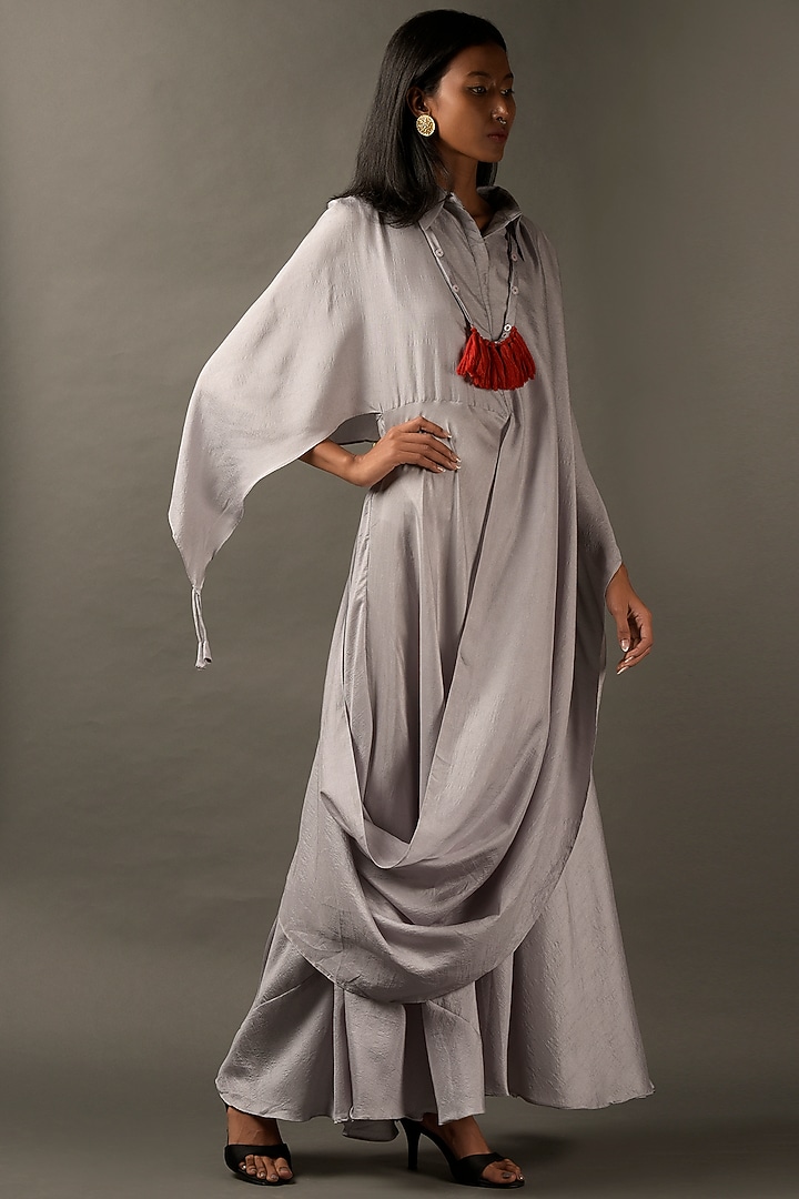 Light Grey Satin Draped Jumpsuit by Two Sisters By Gyans at Pernia's Pop Up Shop