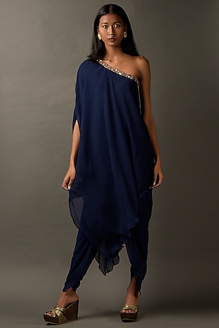 Navy Blue Georgette Embroidered Tunic by Two Sisters By Gyans