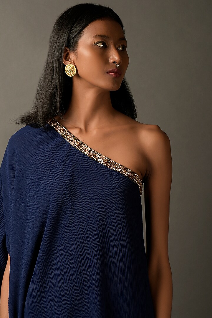 Navy Blue Georgette Embroidered Tunic by Two Sisters By Gyans at Pernia's Pop Up Shop