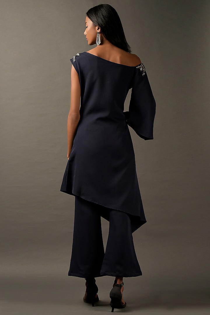 Navy Blue Lycra Embroidered Tunic Set by Two Sisters By Gyans at Pernia's Pop Up Shop