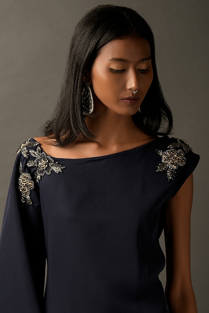 Navy Blue Lycra Embroidered Tunic Set by Two Sisters By Gyans at Pernia's Pop Up Shop