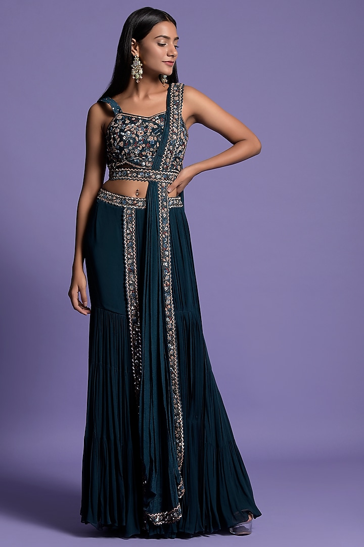Teal Blue Georgette Gharara Set by Two Sisters By Gyans at Pernia's Pop Up Shop