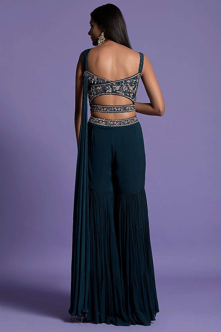 Teal Blue Georgette Gharara Set by Two Sisters By Gyans at Pernia's Pop Up Shop