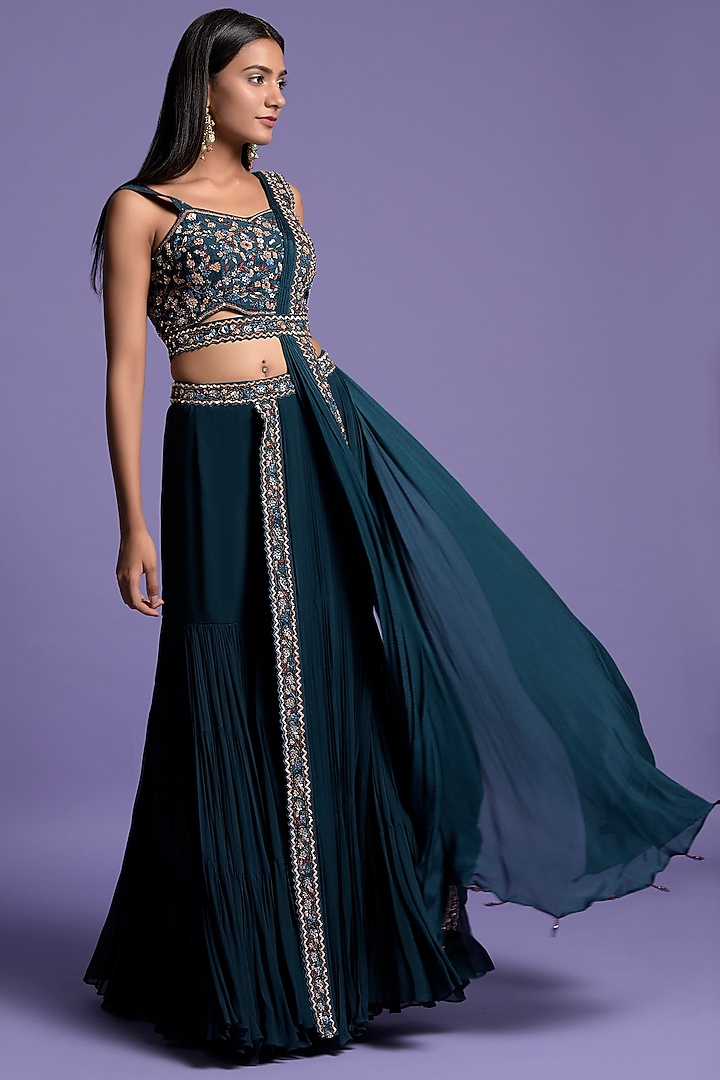Teal Blue Georgette Gharara Set by Two Sisters By Gyans at Pernia's Pop Up Shop