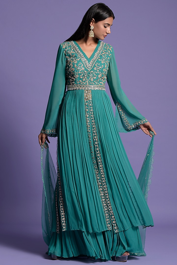 Light Rama Green Georgette Embroidered Anarkali Set by Two Sisters By Gyans