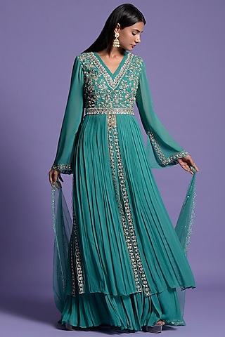 Light Rama Green Georgette Embroidered Anarkali Set by Two Sisters By Gyans