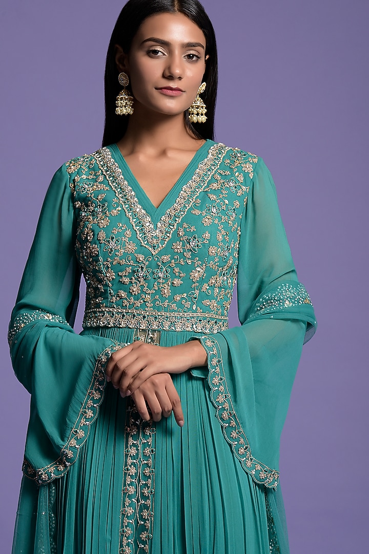 Light Rama Green Georgette Embroidered Anarkali Set Design by Two ...