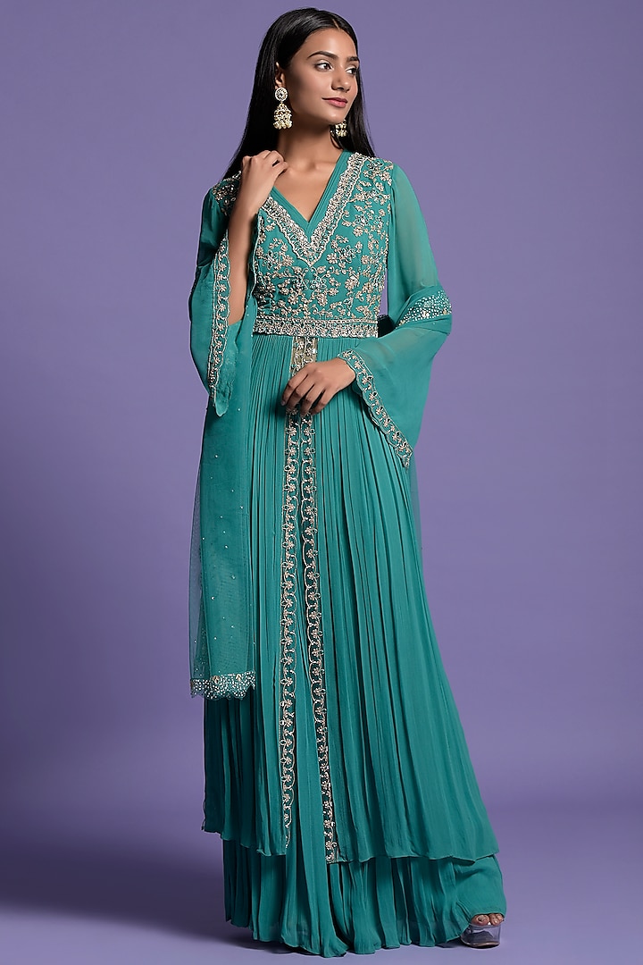 Light Rama Green Georgette Embroidered Wedding Anarkali Set by Two Sisters By Gyans at Pernia's Pop Up Shop