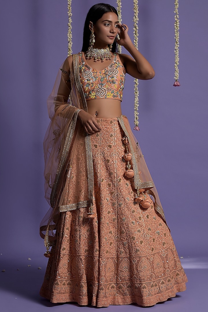 Dusky Peach Chikankari Embroidered Lehenga Set by Two Sisters By Gyans