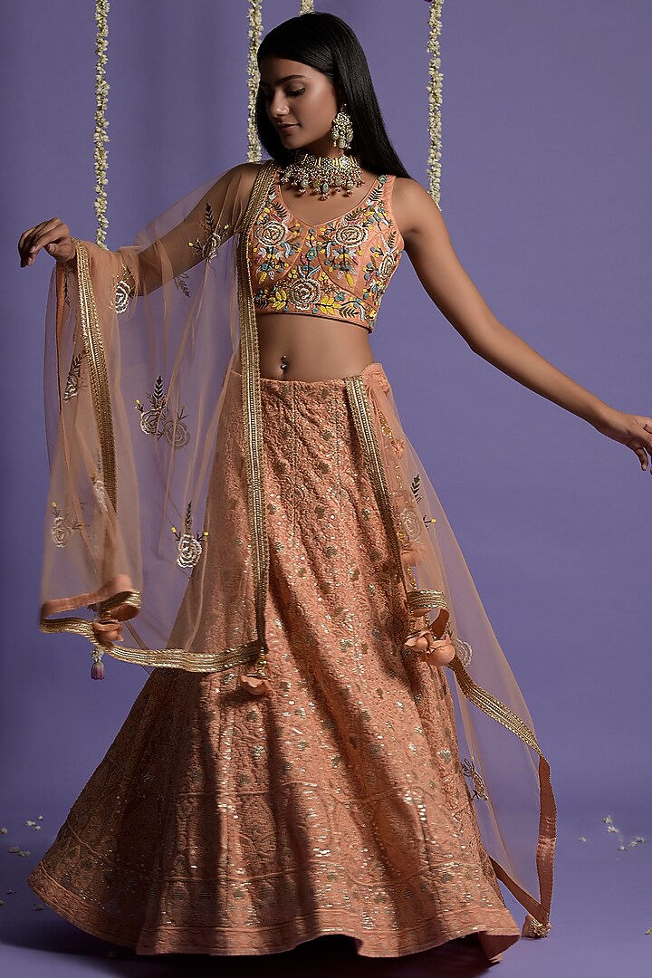 Dusky Peach Chikankari Embroidered Wedding Lehenga Set by Two Sisters By Gyans at Pernia's Pop Up Shop