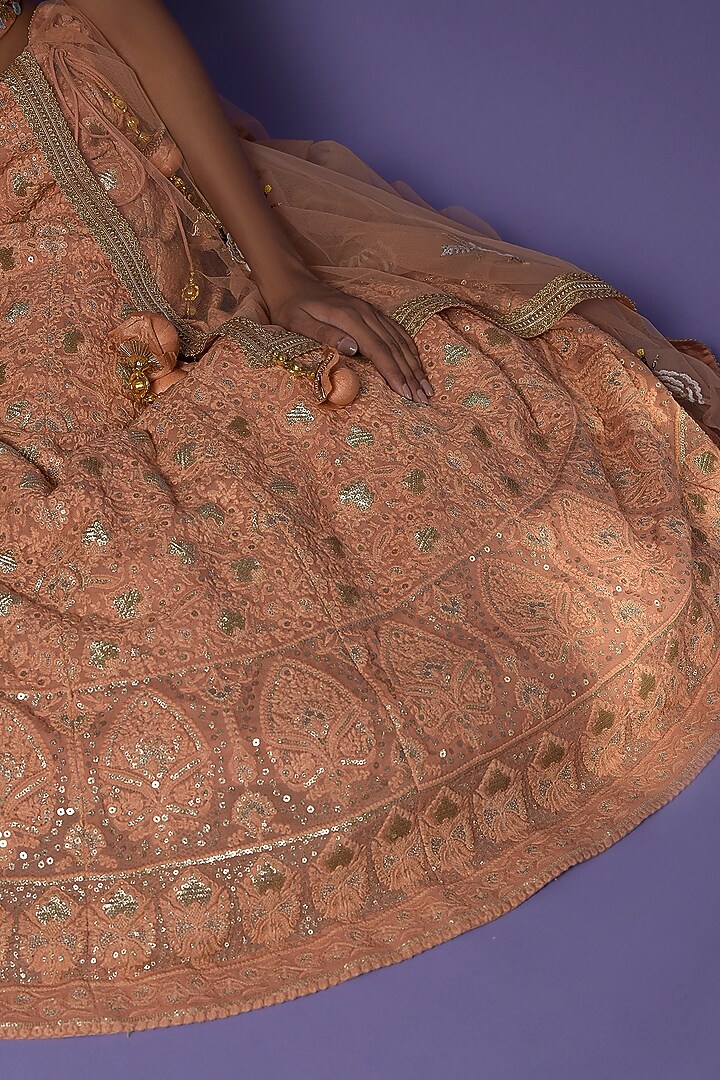 Dusky Peach Chikankari Embroidered Wedding Lehenga Set by Two Sisters By Gyans at Pernia's Pop Up Shop