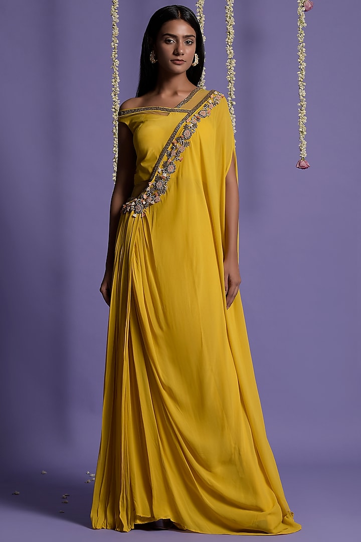 Yellow Georgette Embroidered Draped Saree by Two Sisters By Gyans