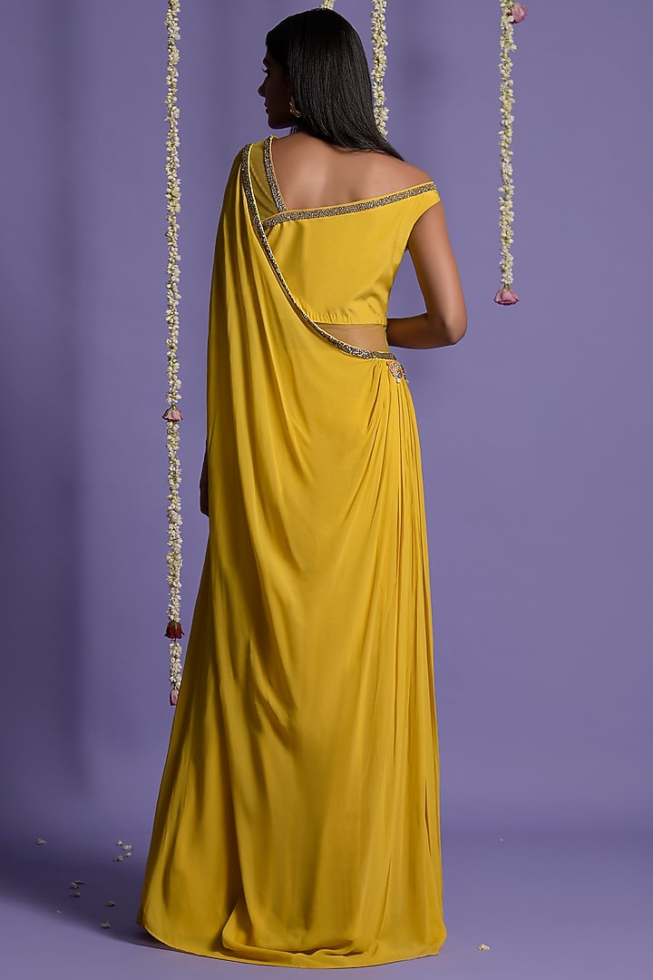 Yellow Georgette Embroidered Draped Wedding Saree by Two Sisters By Gyans at Pernia's Pop Up Shop