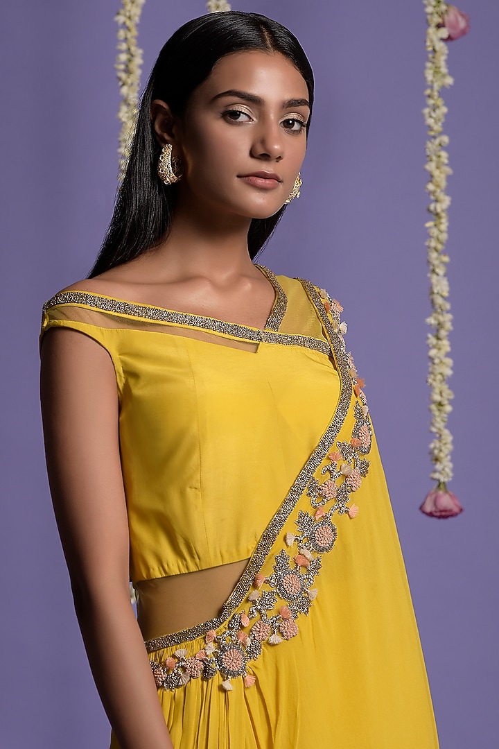 Yellow Georgette Embroidered Draped Wedding Saree by Two Sisters By Gyans at Pernia's Pop Up Shop