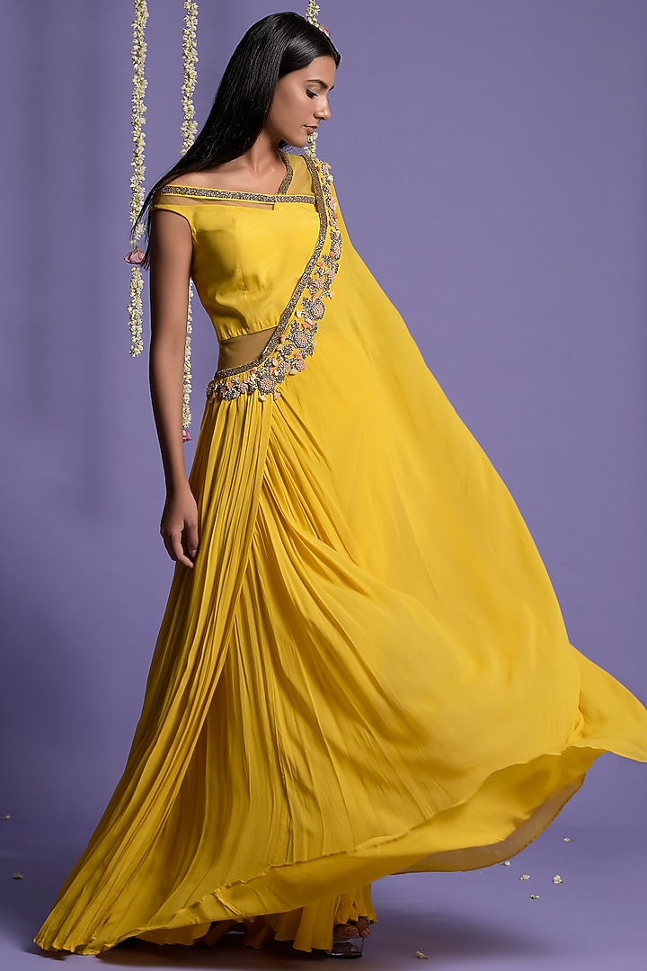 Yellow Georgette Embroidered Draped Wedding Saree by Two Sisters By Gyans at Pernia's Pop Up Shop
