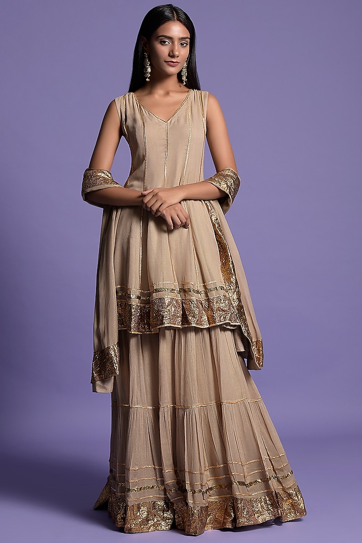 Rich Gold Georgette Sharara Set by Two Sisters By Gyans at Pernia's Pop Up Shop