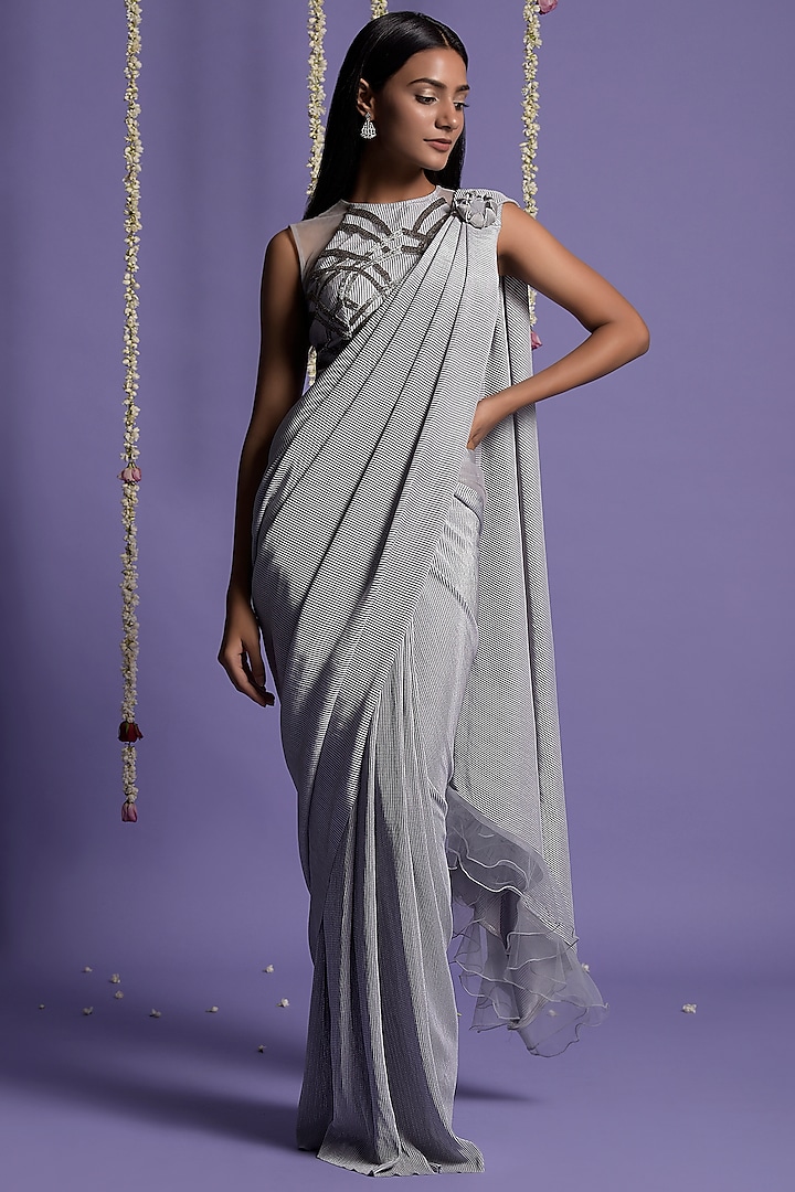 Silver Grey Lycra Draped Saree Set by Two Sisters By Gyans
