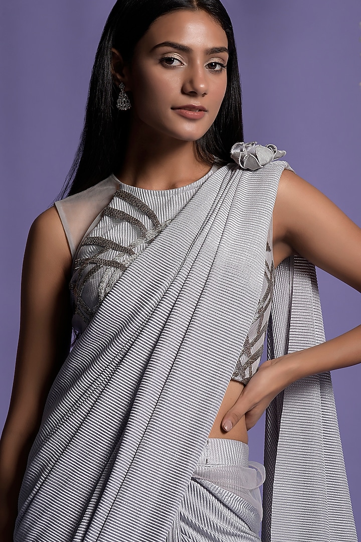 Silver Grey Lycra Draped Wedding Saree Set by Two Sisters By Gyans at Pernia's Pop Up Shop