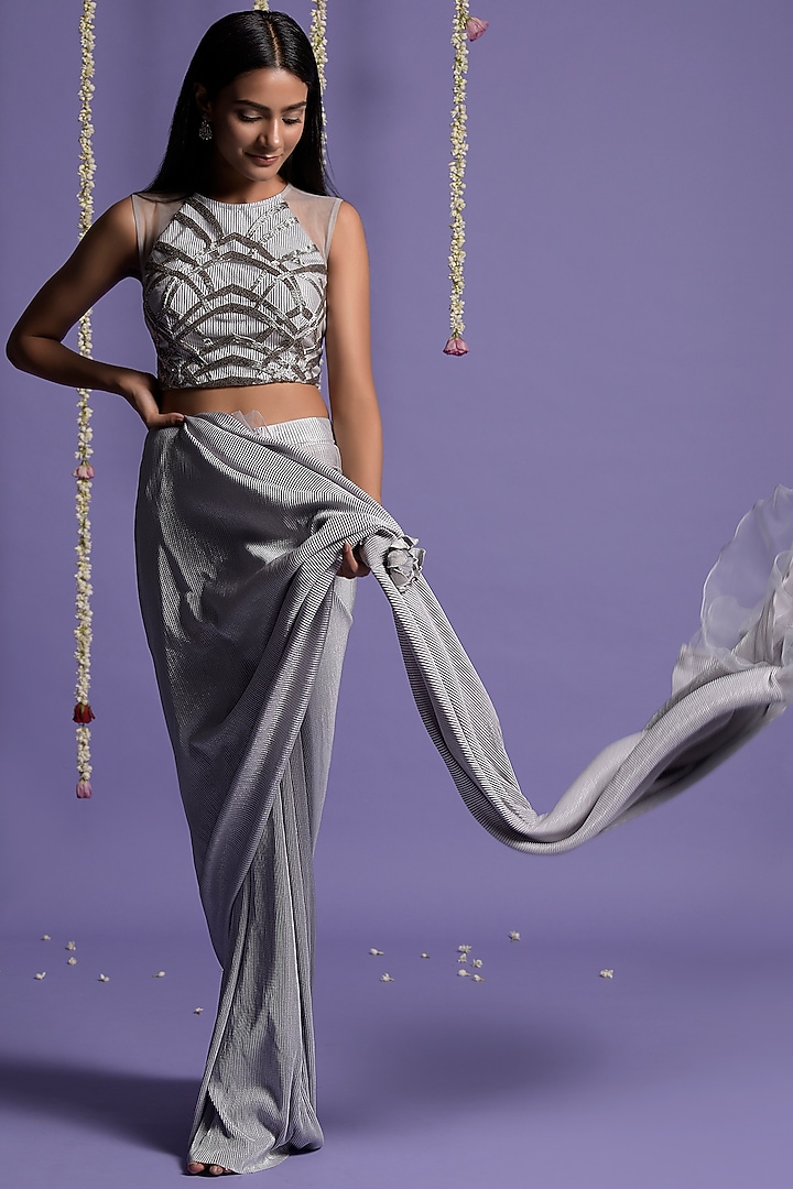 Silver Grey Lycra Draped Wedding Saree Set by Two Sisters By Gyans at Pernia's Pop Up Shop