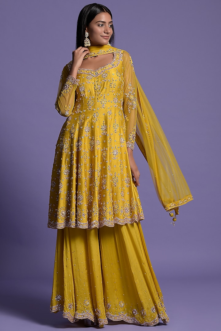 Yellow Silk Embroidered Short Anarkali Set by Two Sisters By Gyans