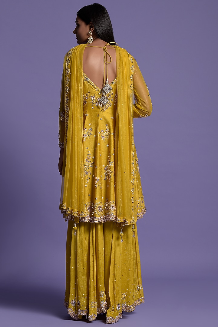 Yellow Silk Embroidered Short Wedding Anarkali Set by Two Sisters By Gyans at Pernia's Pop Up Shop
