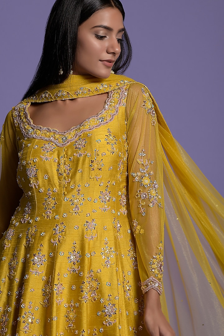 Yellow Silk Embroidered Short Wedding Anarkali Set by Two Sisters By Gyans at Pernia's Pop Up Shop