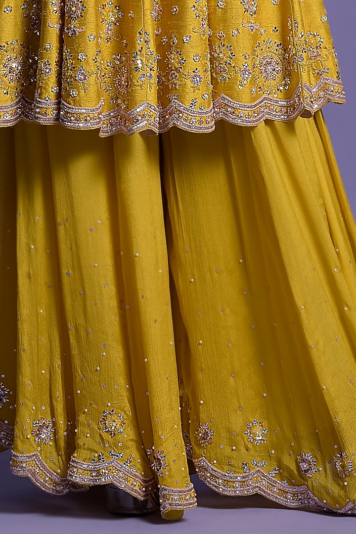 Yellow Silk Embroidered Short Wedding Anarkali Set by Two Sisters By Gyans at Pernia's Pop Up Shop