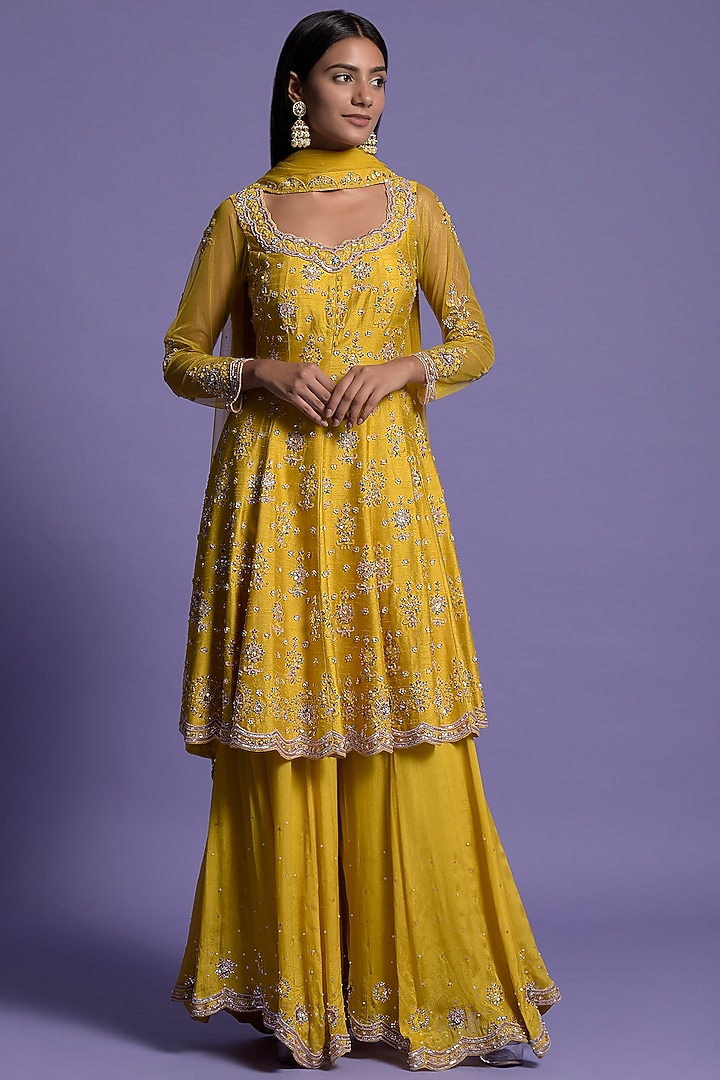 Yellow Silk Embroidered Short Wedding Anarkali Set by Two Sisters By Gyans at Pernia's Pop Up Shop