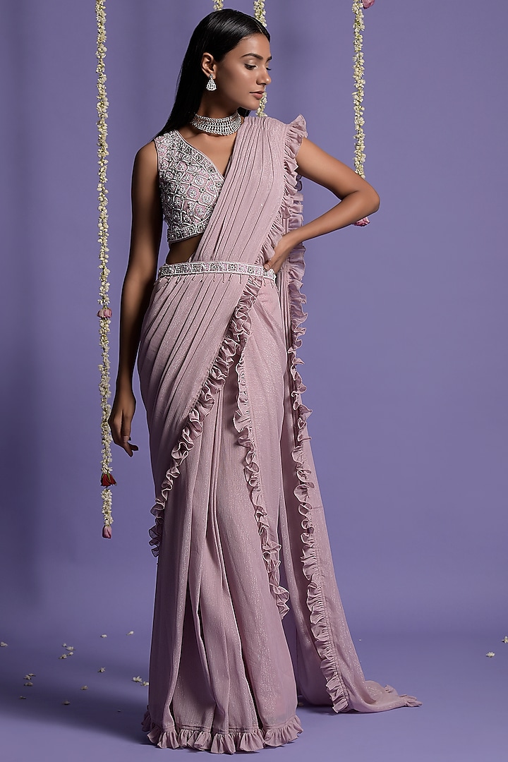 Onion Pink Georgette Draped Saree Set With Belt by Two Sisters By Gyans