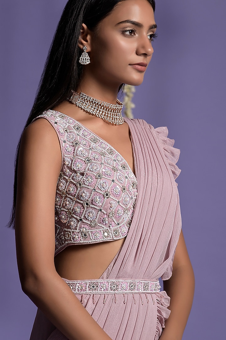 Onion Pink Georgette Draped Wedding Saree Set With Belt by Two Sisters By Gyans at Pernia's Pop Up Shop