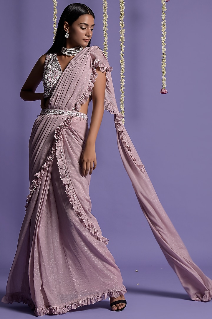 Onion Pink Georgette Draped Wedding Saree Set With Belt by Two Sisters By Gyans at Pernia's Pop Up Shop