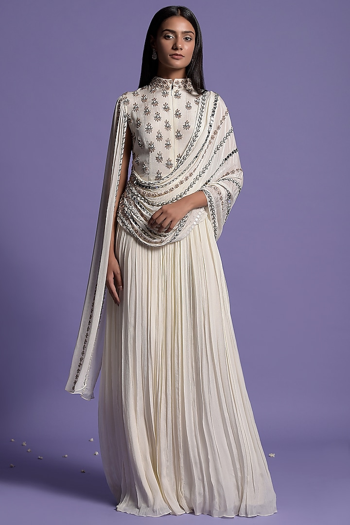 Ivory Chinnon Embroidered Gown by Two Sisters By Gyans