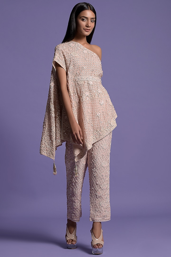 Blush Pink Organza Embroidered Co-Ord Set by Two Sisters By Gyans at Pernia's Pop Up Shop