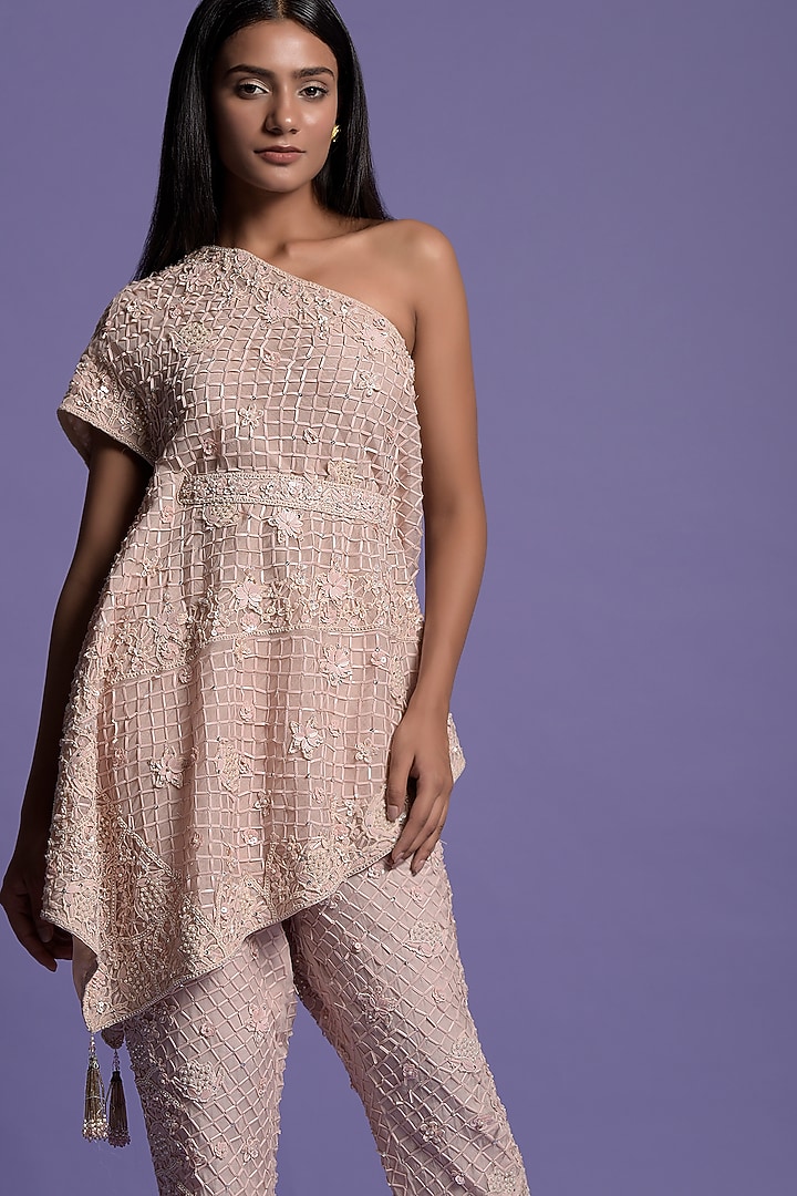 Blush Pink Organza Embroidered Co-Ord Set by Two Sisters By Gyans at Pernia's Pop Up Shop