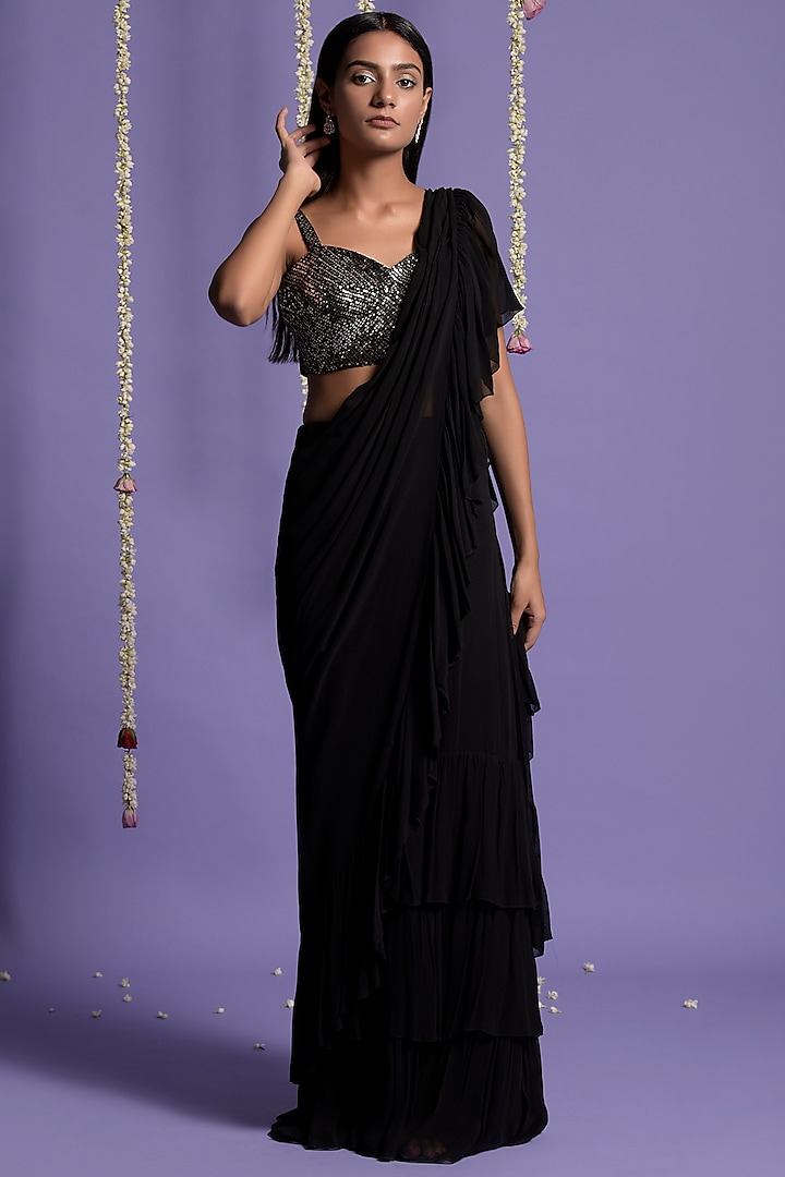 Black Georgette Ruffled Saree Set by Two Sisters By Gyans