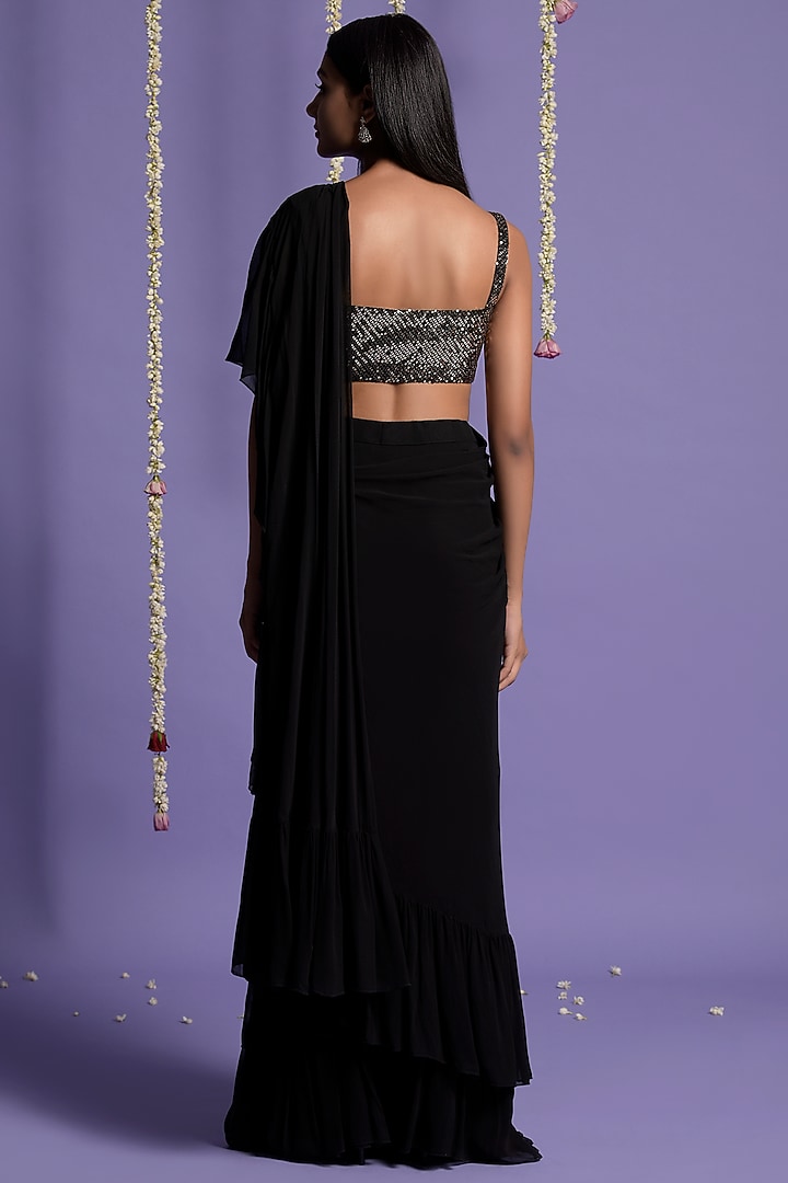 Black Georgette Ruffled Reception Saree Set by Two Sisters By Gyans at Pernia's Pop Up Shop