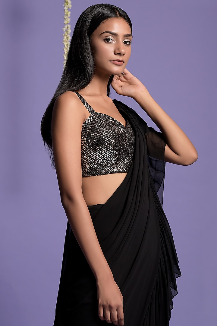 Black Georgette Ruffled Reception Saree Set by Two Sisters By Gyans at Pernia's Pop Up Shop