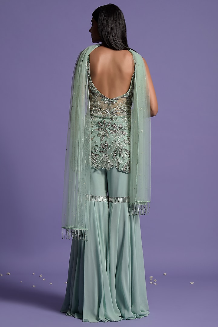 Sea Green Georgette Gharara Set by Two Sisters By Gyans at Pernia's Pop Up Shop