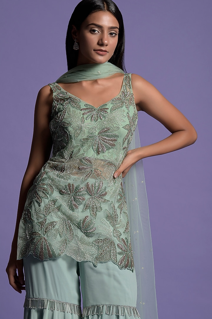 Sea Green Georgette Gharara Set by Two Sisters By Gyans at Pernia's Pop Up Shop