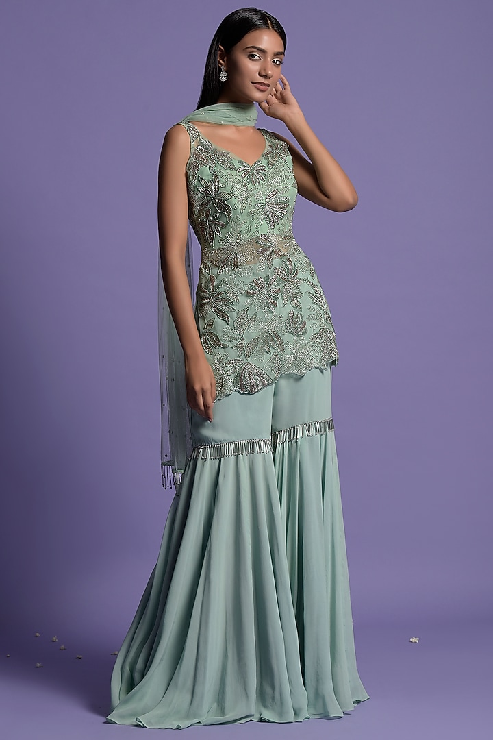 Sea Green Georgette Gharara Set by Two Sisters By Gyans at Pernia's Pop Up Shop