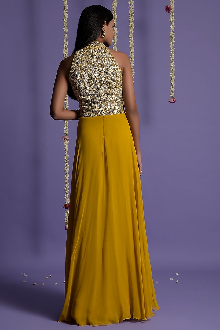 Mustard Georgette Sequins Embellished Bridal Anarkali Set by Two Sisters By Gyans at Pernia's Pop Up Shop