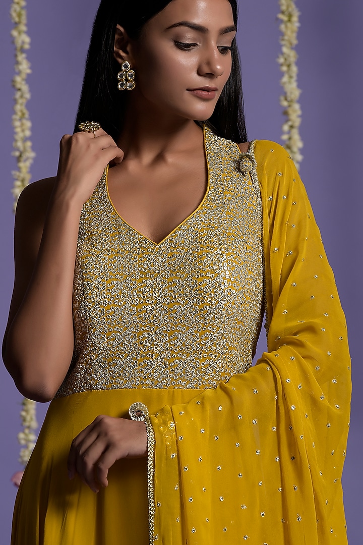 Mustard Georgette Sequins Embellished Bridal Anarkali Set by Two Sisters By Gyans at Pernia's Pop Up Shop
