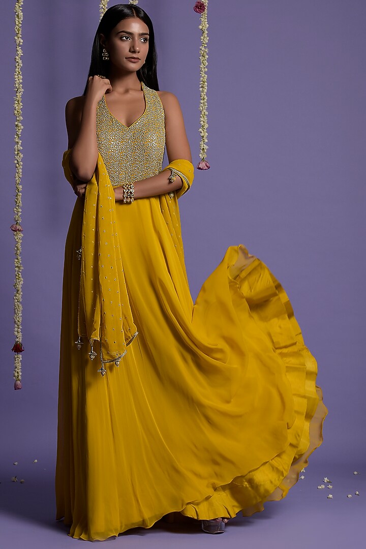 Mustard Georgette Sequins Embellished Bridal Anarkali Set by Two Sisters By Gyans at Pernia's Pop Up Shop